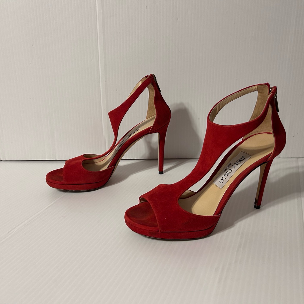 Jimmy Choo Lana Suede T-Strap Red Heels Shoe 36 1/2 Eu / Us 6.5